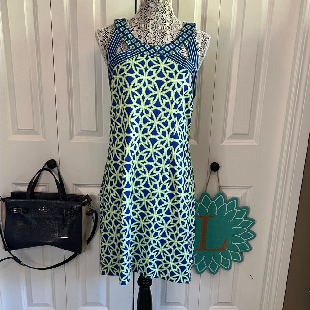 Gretchen Scott Designs Navy and Lime Geometric Sleeveless Shift Dress